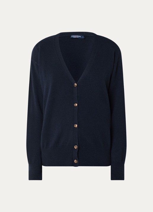 River Woods Fijngebreid vest van merino wol met V-hals - voorkant 2 donkerblauw