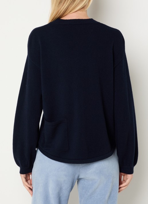 River Woods Fijngebreide pullover van wol met ronde hals - achterkant 2 donkerblauw
