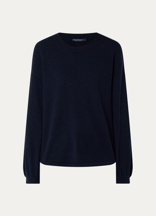 River Woods Fijngebreide pullover van wol met ronde hals - voorkant 3 donkerblauw