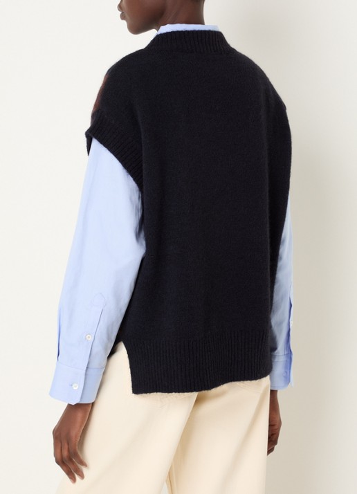 River Woods Fijngebreide spencer in wolblend met ruit dessin - achterkant donkerblauw