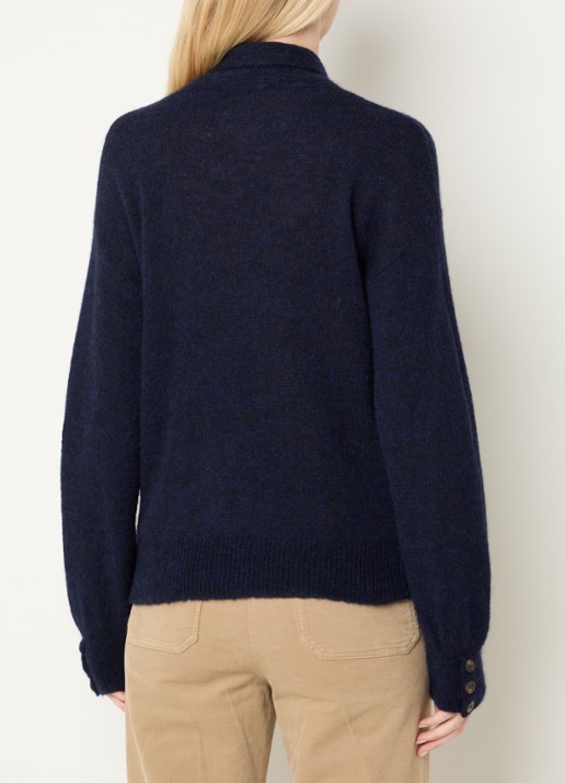 River Woods Fijngebreide trui in alpaca wolblend met sjaalkraag - achterkant 3 blauw