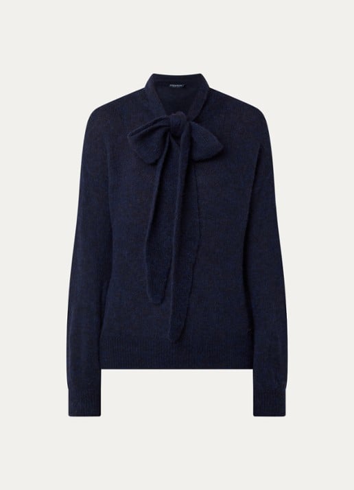 River Woods Fijngebreide trui in alpaca wolblend met sjaalkraag - voorkant blauw