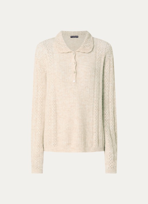 River Woods Grogebreide trui in alpaca wolblend met opengewerkt dessin - voorkant beige