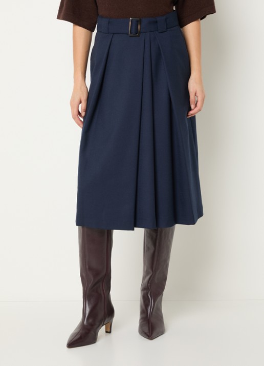 River Woods Midi plooirok met ceintuur en steekzakken - detail donkerblauw