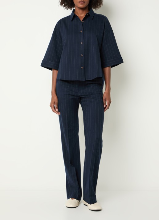 River Woods Oversized blouse met krijtstreep - voorkant 3 donkerblauw