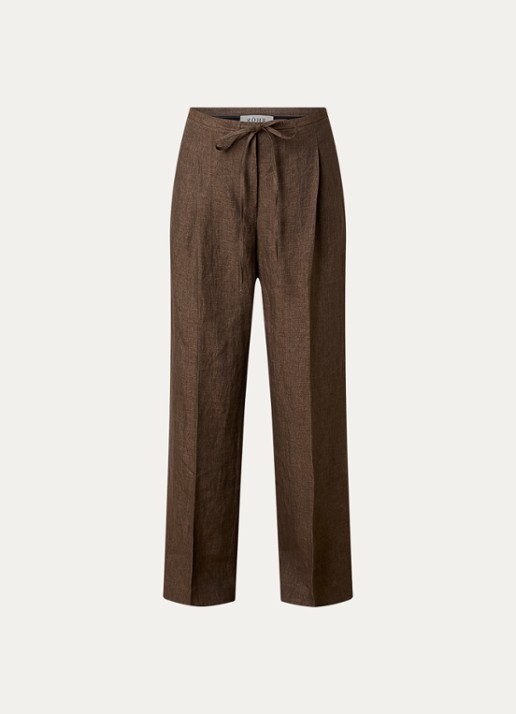 Róhe High waist wide fit pantalon van linnen met strikceintuur - voorkant 2 lichtbruin