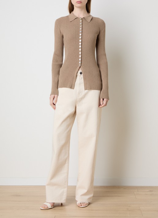Róhe Ribgebreid vest met kraag - voorkant 2 beige