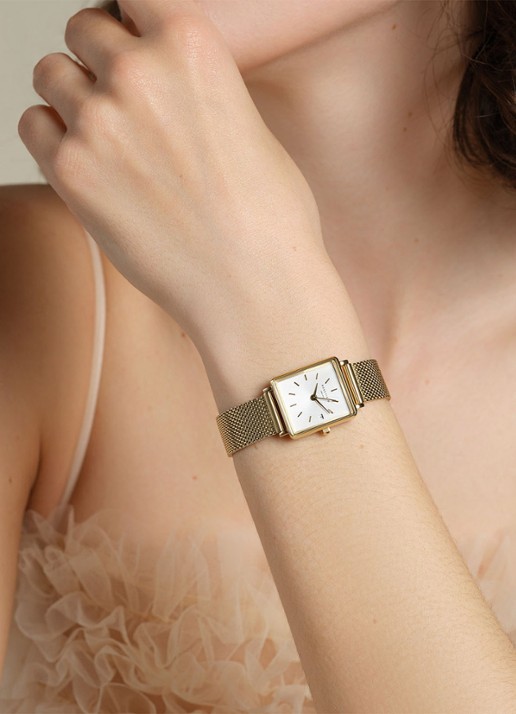 Rosefield The Boxy XS White Sunray Mesh Gold horloge QMWMG-Q039 - voorkant 2 goud