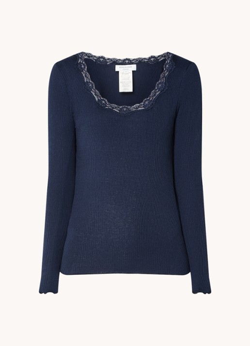 Rosemunde Babette longsleeve in zijdeblend met details van kant - voorkant donkerblauw