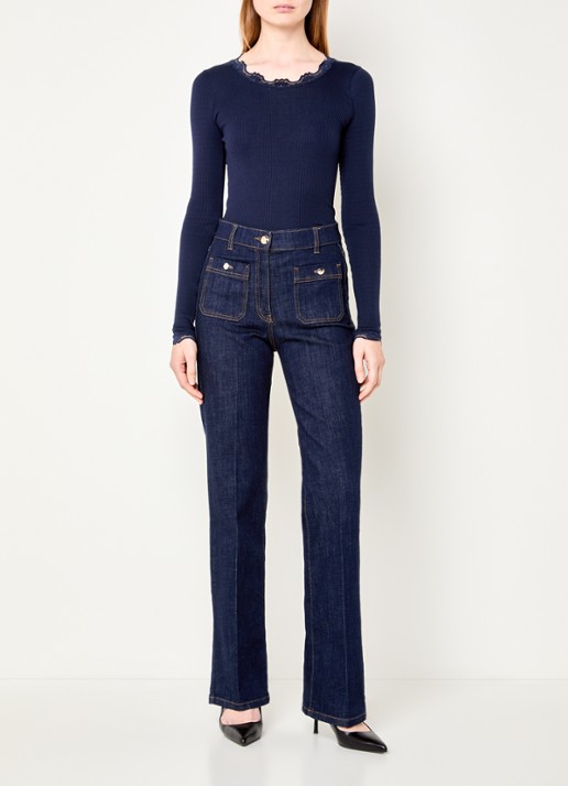Rosemunde Babette longsleeve in zijdeblend met kant - voorkant 2 donkerblauw