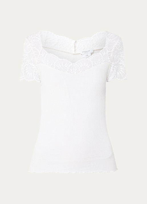 Rosemunde Beatha ribgebreide top in zijdeblend met details van kant - voorkant 3 wit