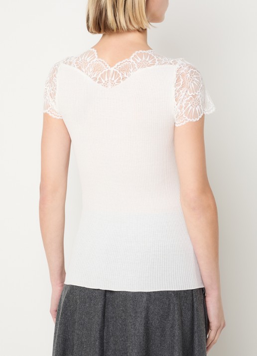 Rosemunde Beatha ribgebreide top in zijdeblend met details van kant - achterkant 3 gebroken wit