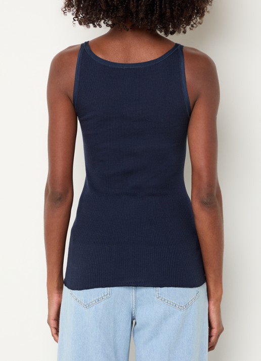 Rosemunde Belle ribgebreide top in zijdeblend met ronde hals - achterkant donkerblauw