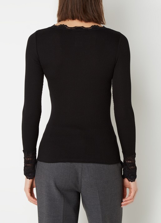 Rosemunde Longsleeve in zijdeblend met structuur en details van kant - achterkant zwart