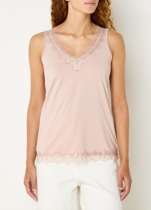 Rosemunde Tanktop met V-hals en kant - detail lichtroze