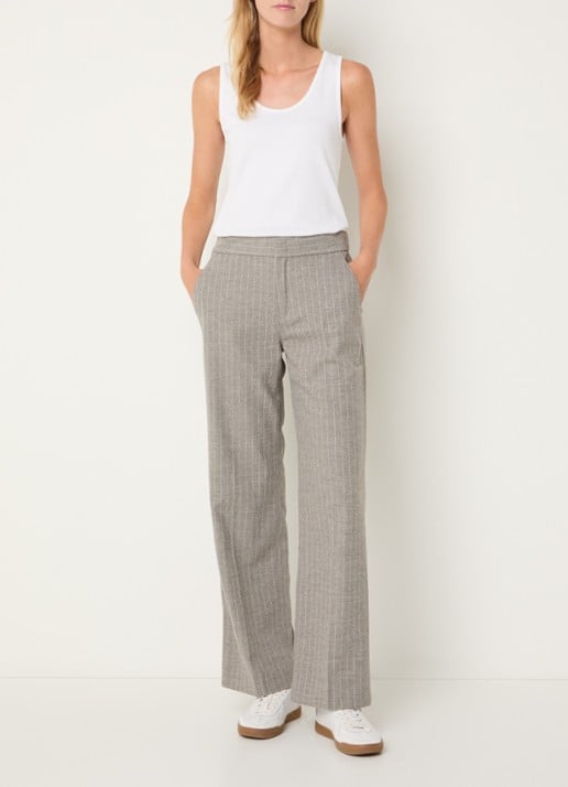 Rosner Studio Mara high waist bootcut fit pantalon in wolblend met streepprint - voorkant 4 taupe