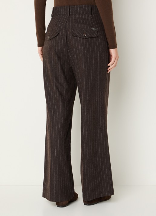 Rosner Studio Mara high waist wide fit pantalon in wolblend met streepprint - achterkant chocoladebruin