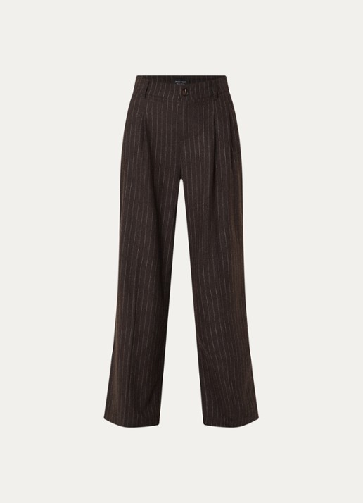 Rosner Studio Mara high waist wide fit pantalon in wolblend met streepprint - voorkant 2 chocoladebruin