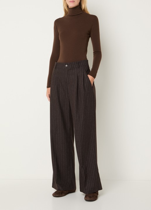 Rosner Studio Mara high waist wide fit pantalon in wolblend met streepprint - voorkant 3 chocoladebruin