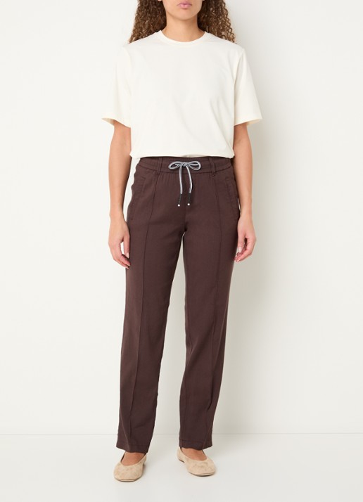Rosner Studio Rosner high waist slim fit pantalon in linnenblend - voorkant 4 donkerbruin