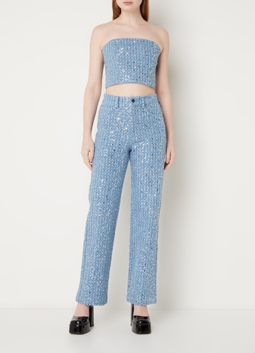 ROTATE Emili bandeautop van denim met pailletten en lurex - voorkant 3 indigo