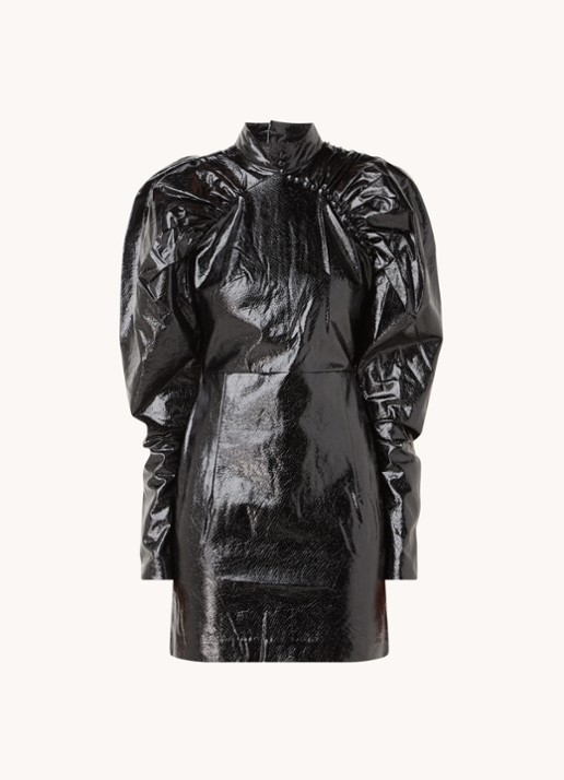 ROTATE Kim mini jurk van imitatieleer met pofmouw - voorkant 2 zwart