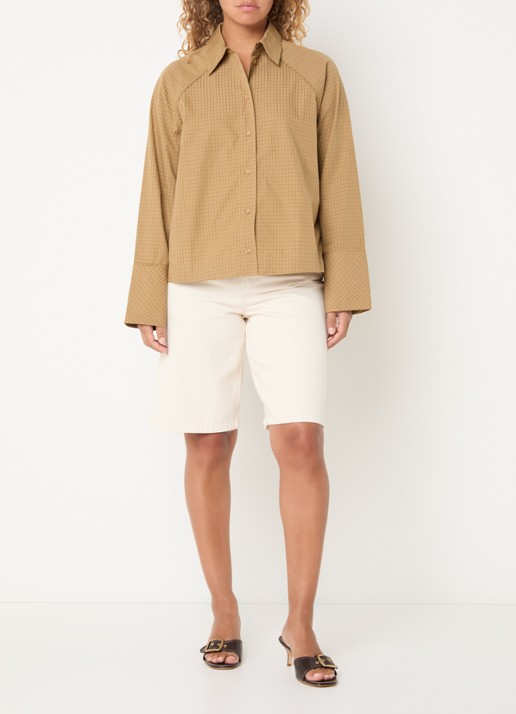 ROUGE EDIT Blouse met ruitdessin en logoborduring - voorkant 2 camel