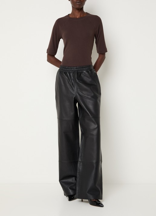 ROUGE EDIT Isabel high waist wide fit broek van imitatieleer - voorkant 4 antraciet