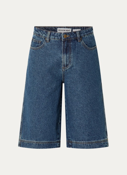 ROUGE EDIT Jolie high waist straight fit korte broek van denim met donkere wassing - voorkant 3 indigo