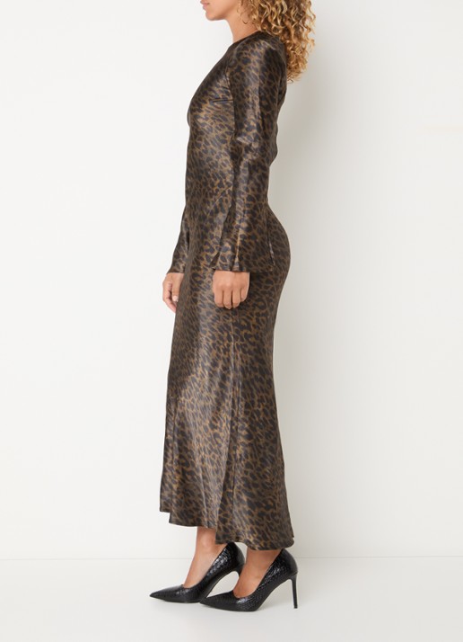 ROUGE EDIT Maxi jurk met panterprint - voorkant 2 bruin
