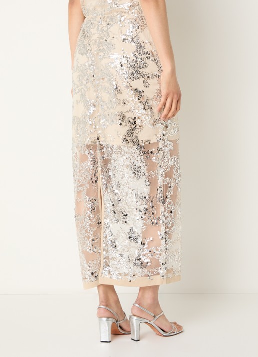 ROUGE EDIT Rouleona semi-transparante midi rok met pailletten - achterkant zilver