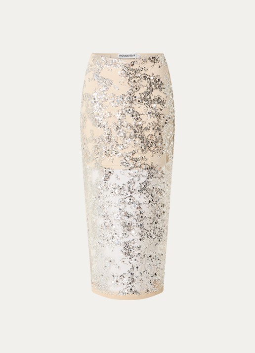 ROUGE EDIT Rouleona semi-transparante midi rok met pailletten - voorkant 2 zilver