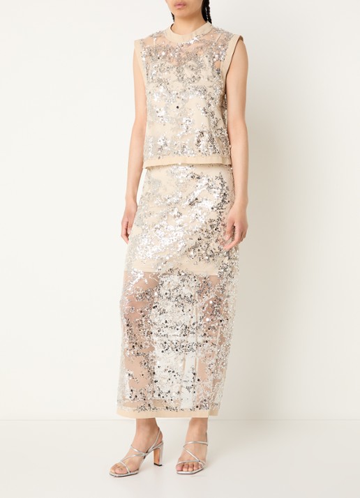 ROUGE EDIT Rouleona semi-transparante midi rok met pailletten - voorkant 3 zilver