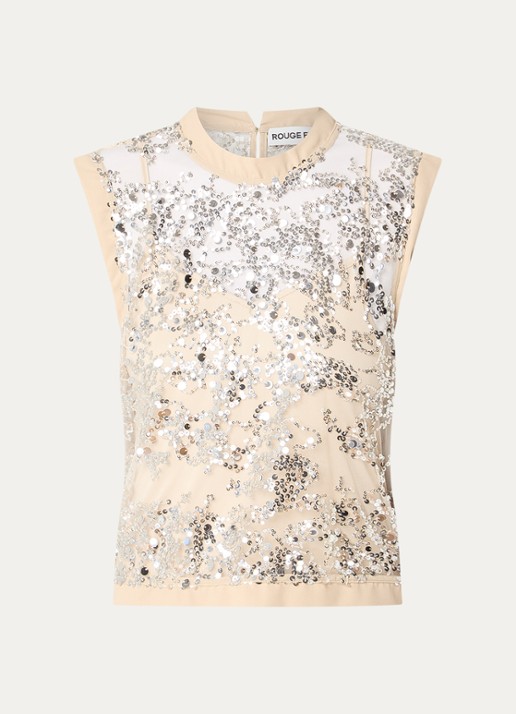 ROUGE EDIT Rouleona semi-transparante top met pailletten  - voorkant 2 zand