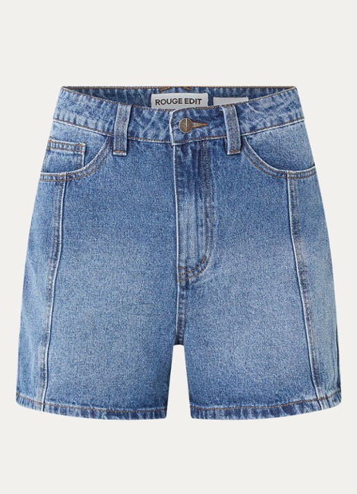 ROUGE EDIT Rouramonas high waist straight fit korte broek van denim - voorkant indigo