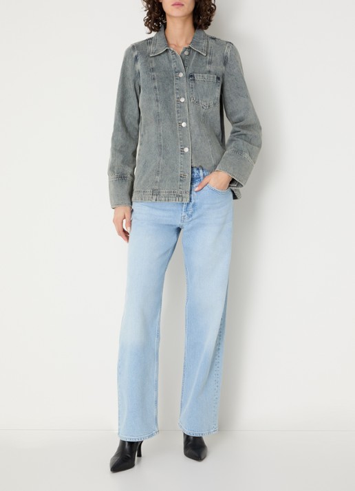 ROUGE EDIT Rouvivian blouse van denim met borstzak - voorkant 3 blauwgrijs