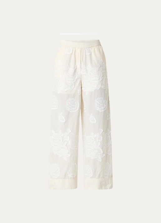 ROUGE EDIT Rouzoella high waist wide fit pantalon met bloemborduring - voorkant 2 creme
