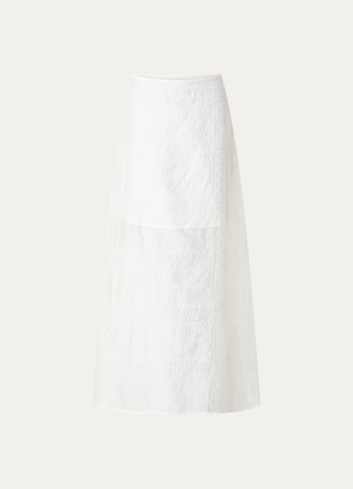 ROUGE EDIT Semi-transparante maxi rok met broderie en split - voorkant gebroken wit