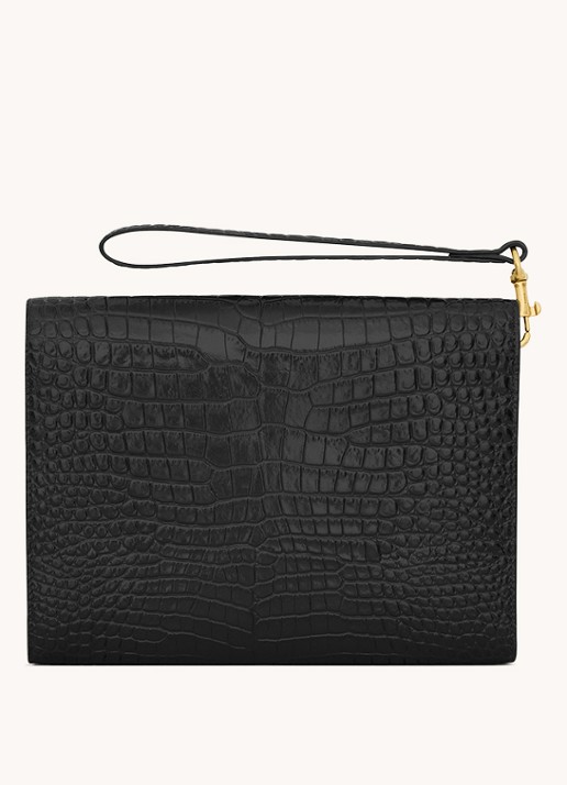 Saint Laurent Cassandre clutch van kalfsleer met crocostructuur - detail zwart