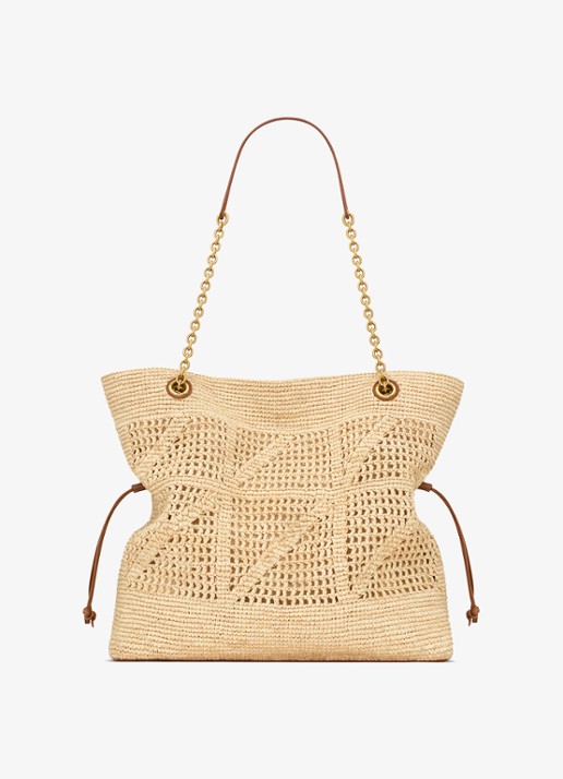 Saint Laurent Jamie shopper van raffia met leren details - achterkant beige