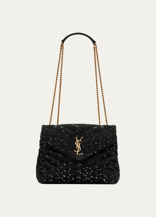 Saint Laurent Loulou Small schoudertas in zijdeblend met pailletten - voorkant 5 zwart