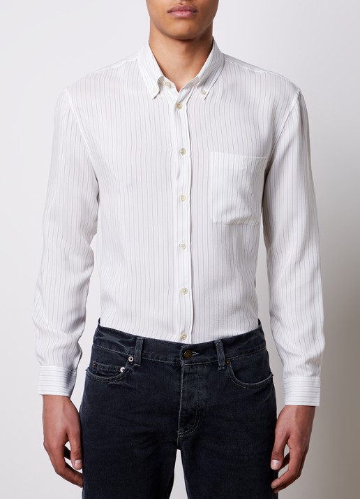 Saint Laurent Regular fit overhemd van zijde met streepprint en borstzak - detail 2 creme