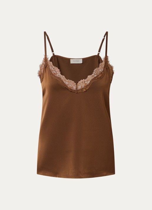 Sam Friday Pyjamatop van satijn met kant details - voorkant camel