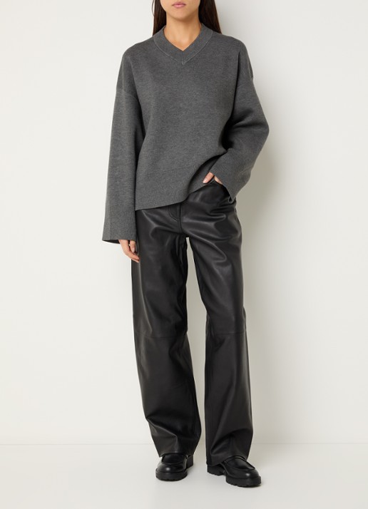 SAMSØE SAMSØE Harpal mid waist loose fit broek van lamsleer - voorkant 2 zwart
