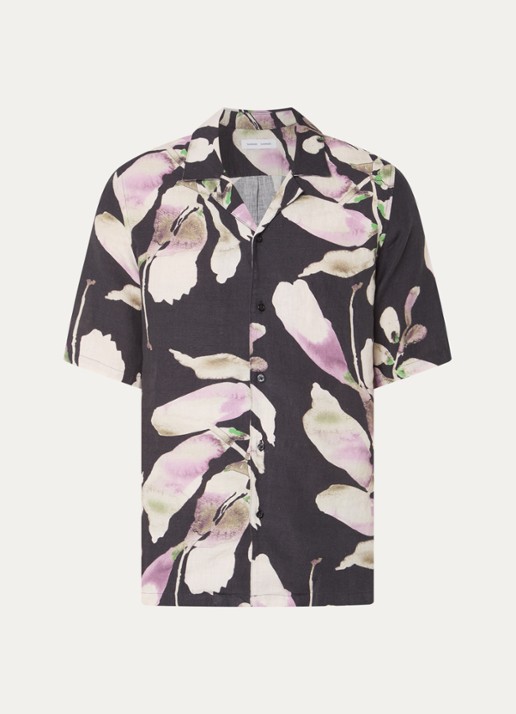 SAMSØE SAMSØE Saoscar regular fit overhemd van linnen met bloemenprint - voorkant donkerblauw