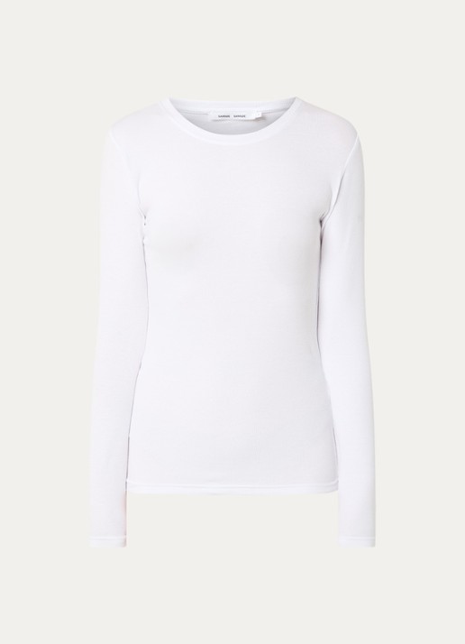 SAMSØE SAMSØE Longsleeve van  katoen met ribstructuur - voorkant wit