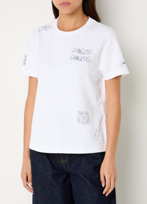 SAMSØE SAMSØE Sacamino T-shirt met logo- en backprint - detail wit