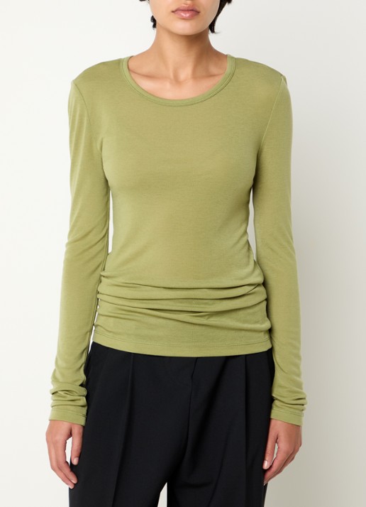 SAMSØE SAMSØE Sadou longsleeve in wolblend met ronde hals - detail mosgroen