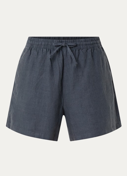 SAMSØE SAMSØE Samaren high waist straight fit korte broek van linnen met steekzakken - voorkant 3 blauw