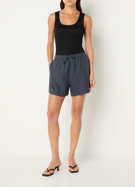 SAMSØE SAMSØE Samaren high waist straight fit korte broek van linnen met steekzakken - voorkant 4 blauw